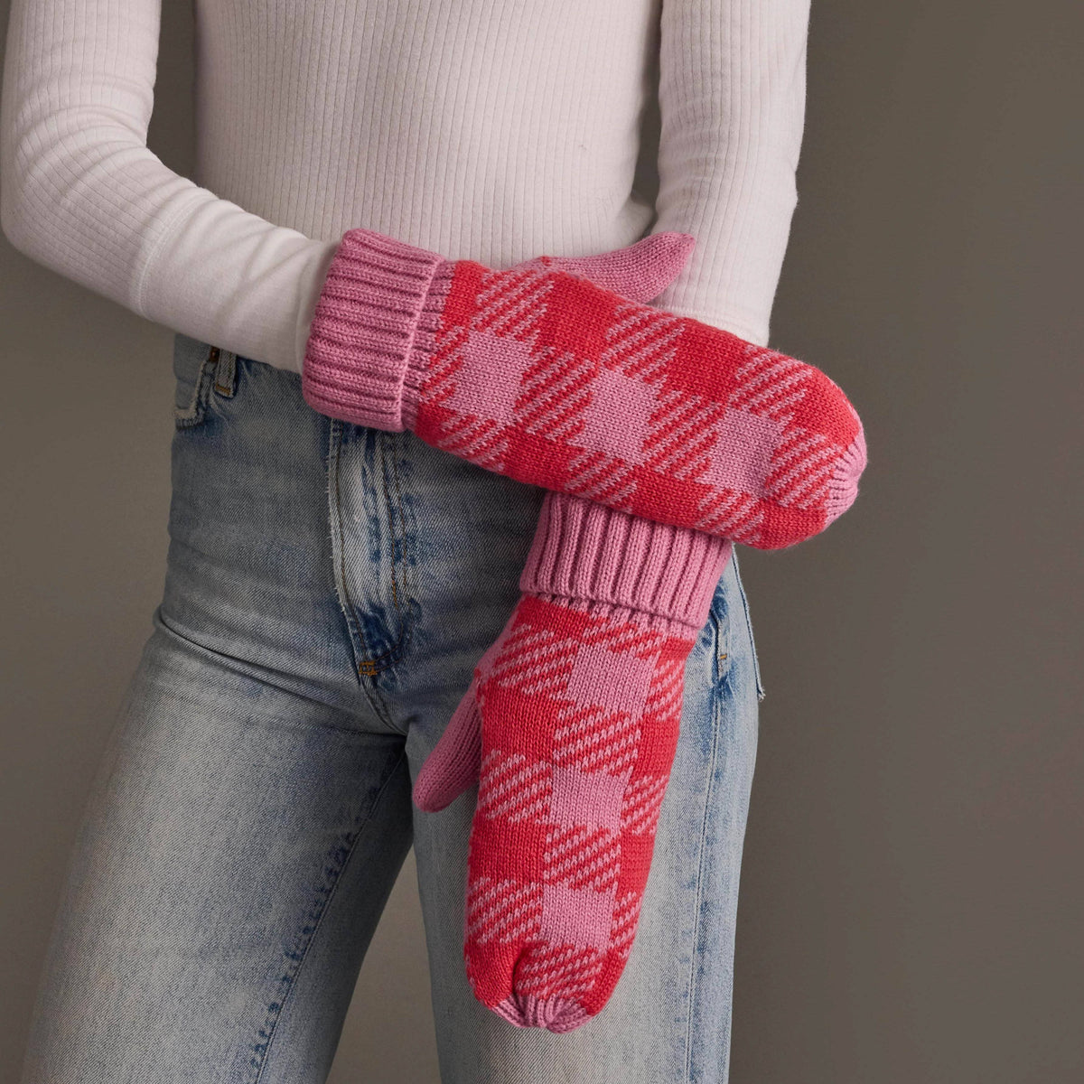 Pink & Bright Pink Plaid Knit Mittens