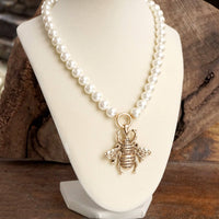 Thumbnail for Boho Bee Pearls Statement Timeless Necklace in Worn Gold