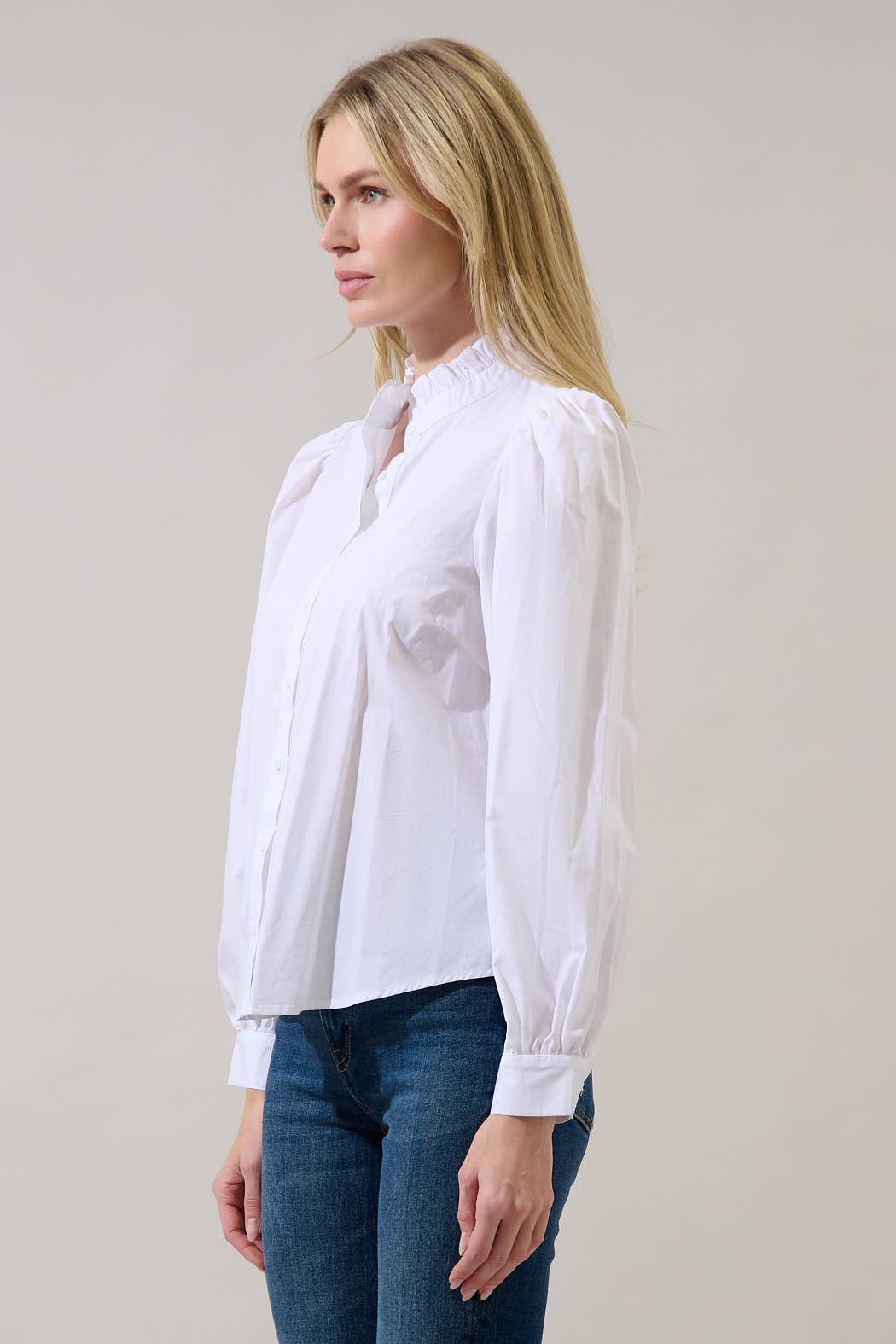 Doris Button Down Shirt | White Cotton Ruffle Collar Blouse