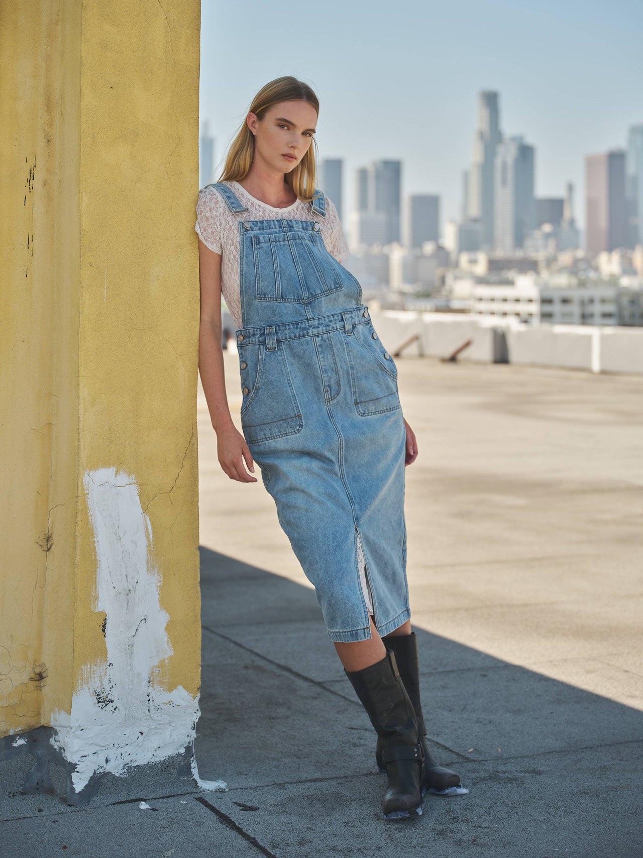 DENIM OVERALL MIDI SKIRTS