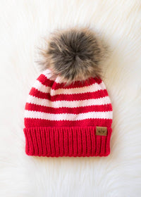 Thumbnail for Red & Pink Striped Pom Hat
