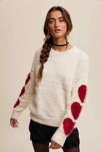 Thumbnail for Cream Fuzzy Heart-Sleeve Pullover Sweater
