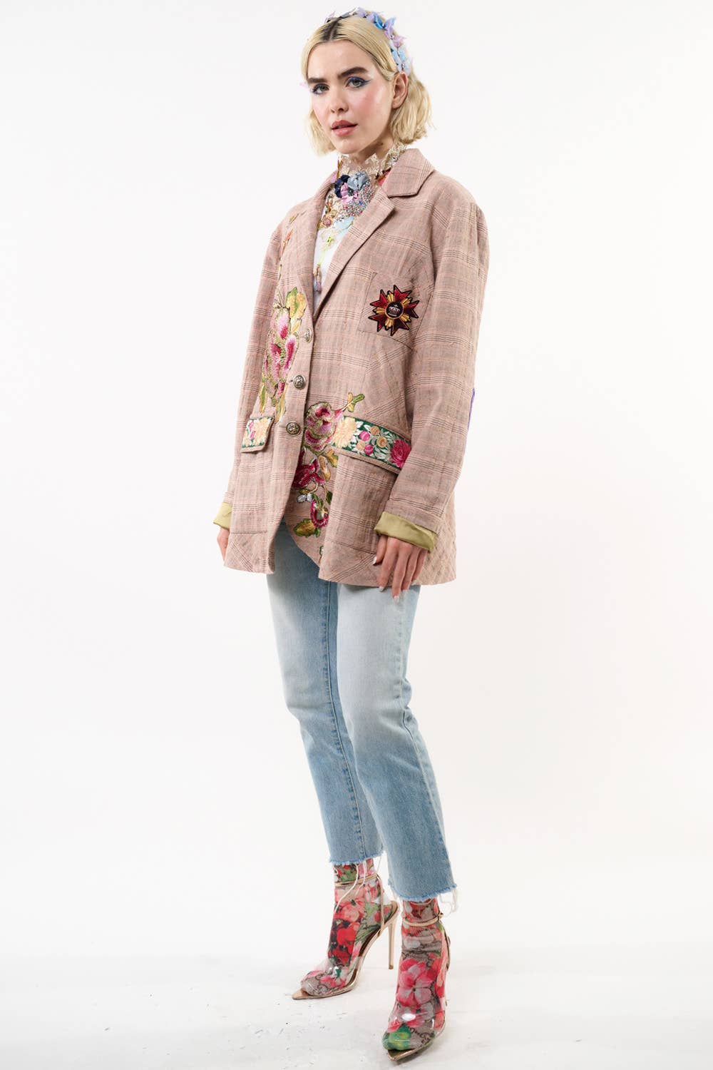 Pink Ash Washed Button-Up Blazer with Embroidered Patches and Velvet Elbow Details