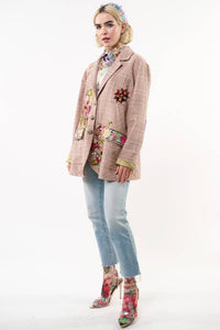 Thumbnail for Pink Ash Washed Button-Up Blazer with Embroidered Patches and Velvet Elbow Details