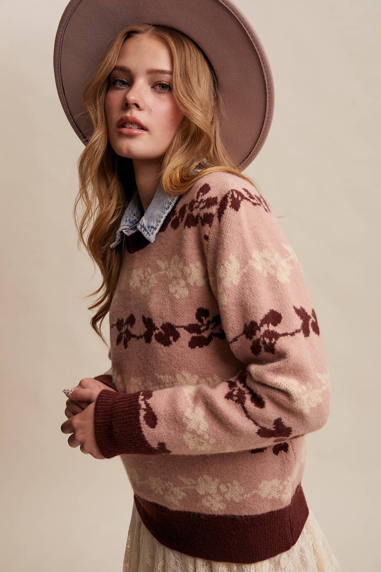 Floral Jacquard Knit Muted Rose Pullover Sweater