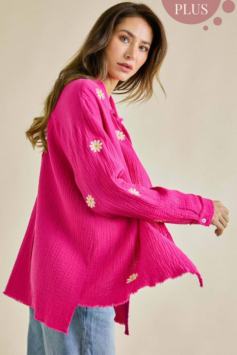 PLUS SIZE -Daisy Embroidered Button Down Top Hot Pink