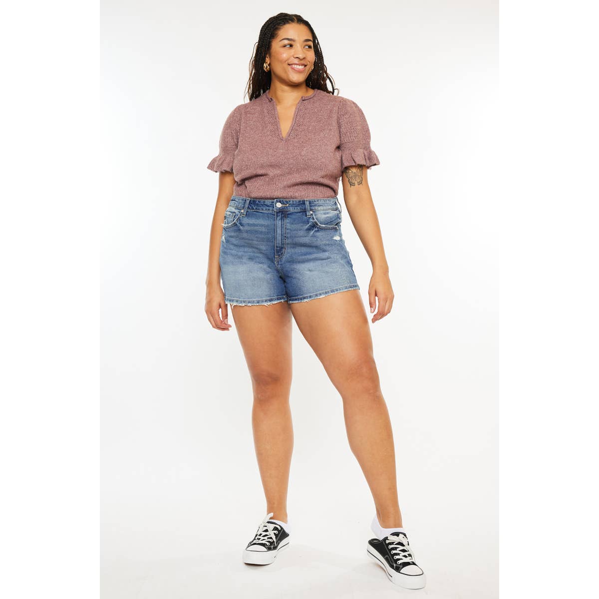 KanCan USA - Plus High Rise Mom Short Medium Stone Wash