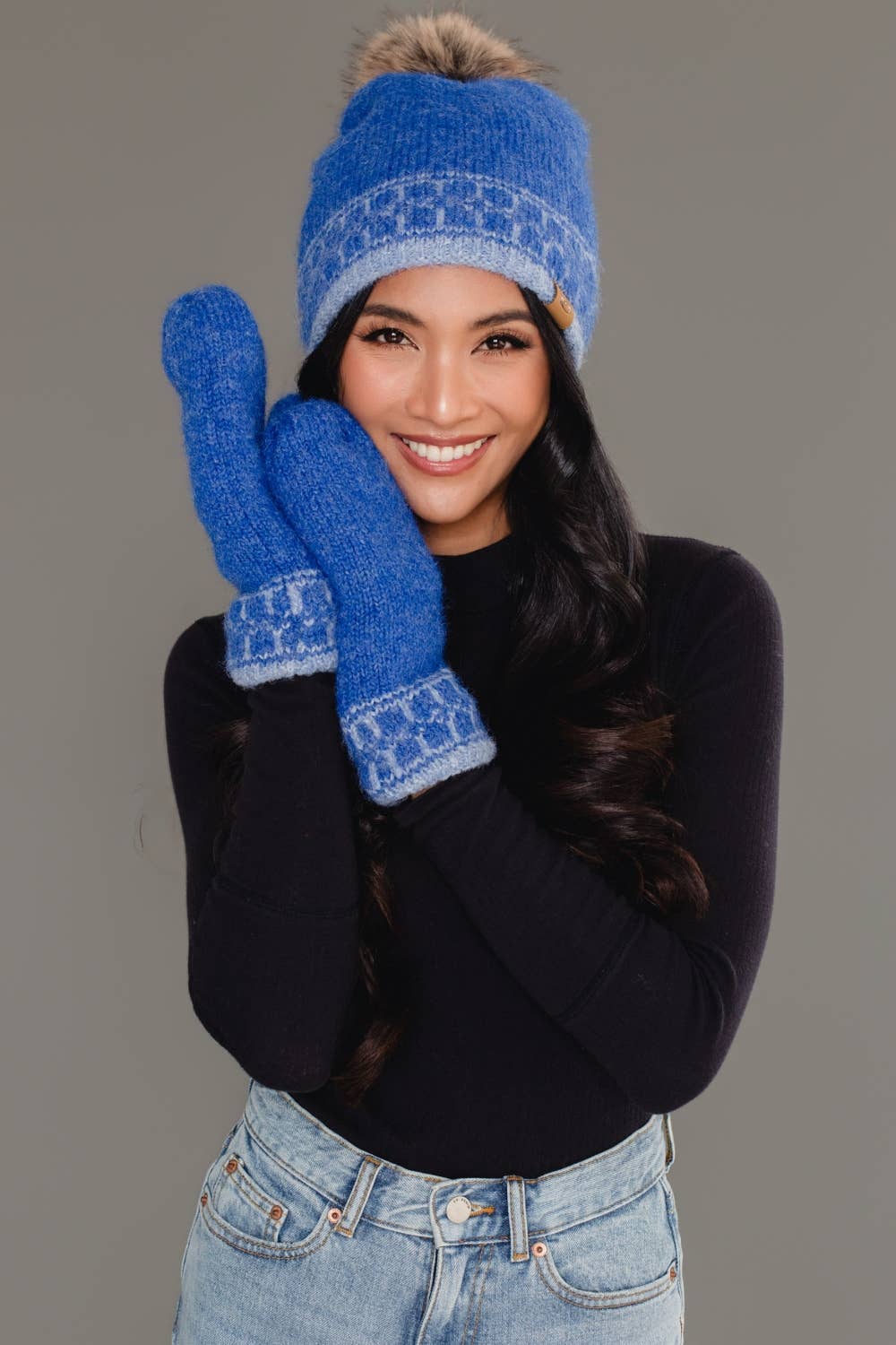 Blue & Lt. Blue Patterned Knit Pom Hats