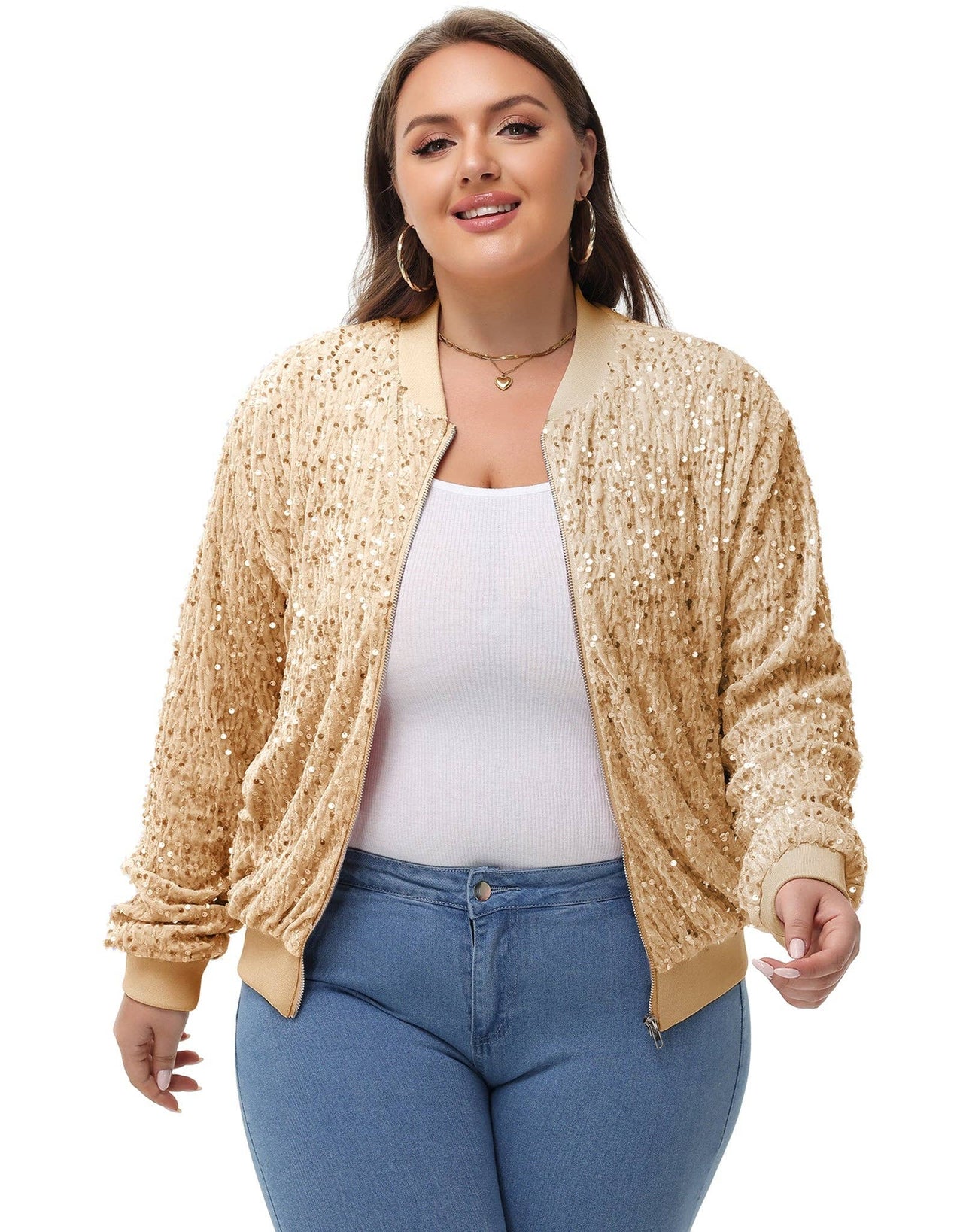 Plus Size Sequin Jacket Sparkly Zip Bomber Coat With Pockets