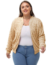 Thumbnail for Plus Size Sequin Jacket Sparkly Zip Bomber Coat With Pockets