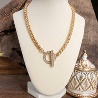 Thumbnail for Front Toggled Paved Crystals Statement Necklace - Gold Tone