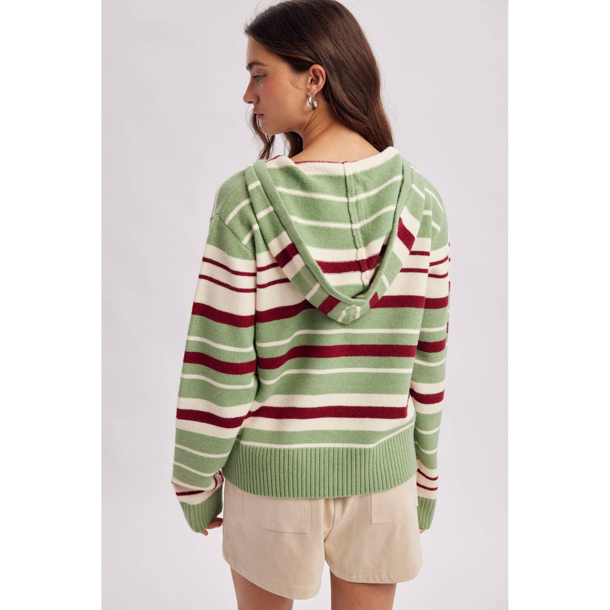 STRIPED ZIP UP SWEATER HOODIE / WL26-13257