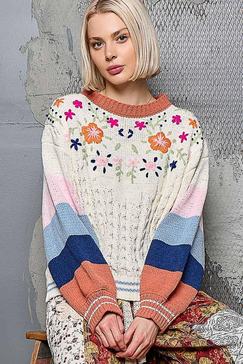 Color block pattern floral embroidered chenille sweater top