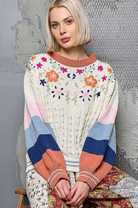 Thumbnail for Color block pattern floral embroidered chenille sweater top