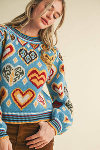 Thumbnail for HEART PATTERN PULLOVER SWEATER