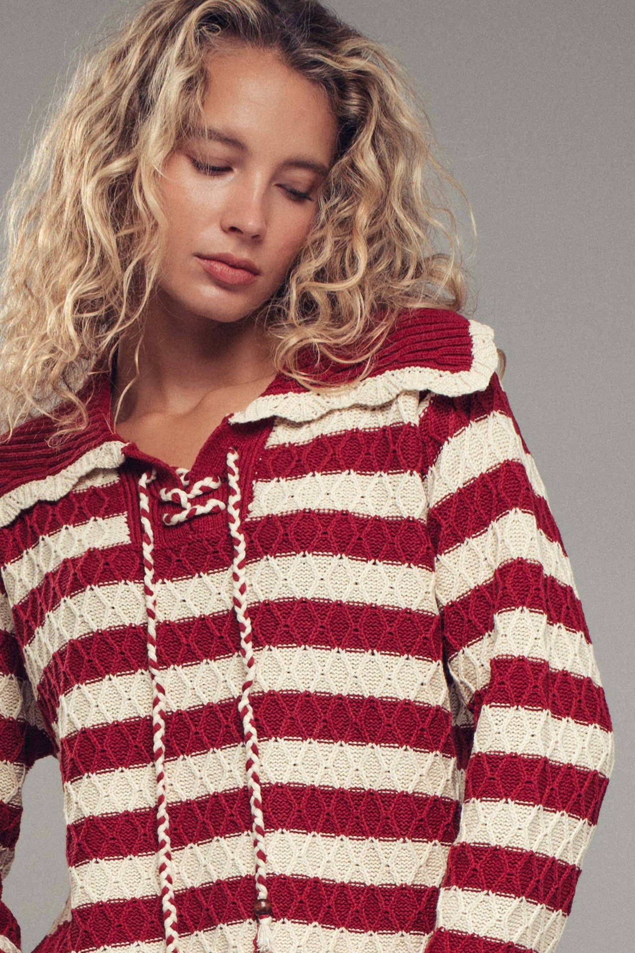Lace-Up Cable Knit Striped Sweater Top