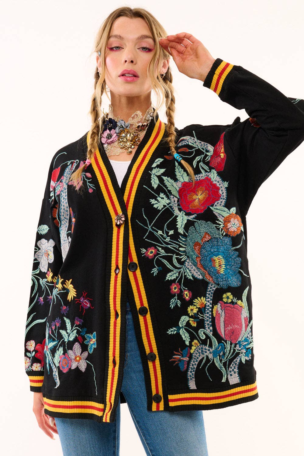 Hermione French Terry Cardigan | Floral Embroidered Jacket