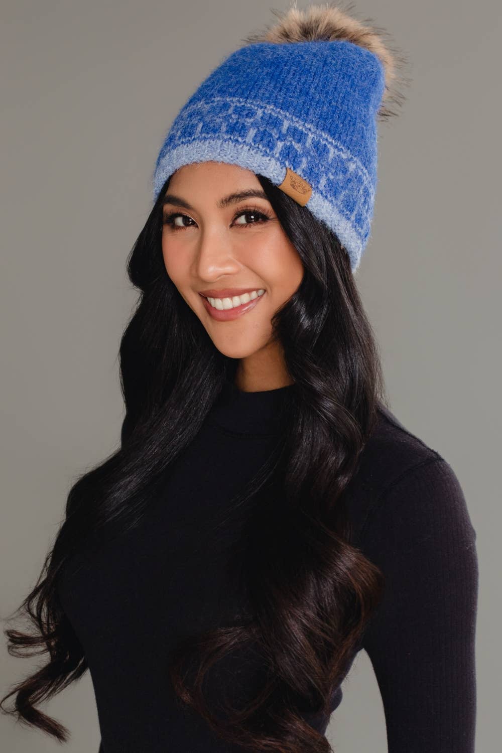 Blue & Lt. Blue Patterned Knit Pom Hats