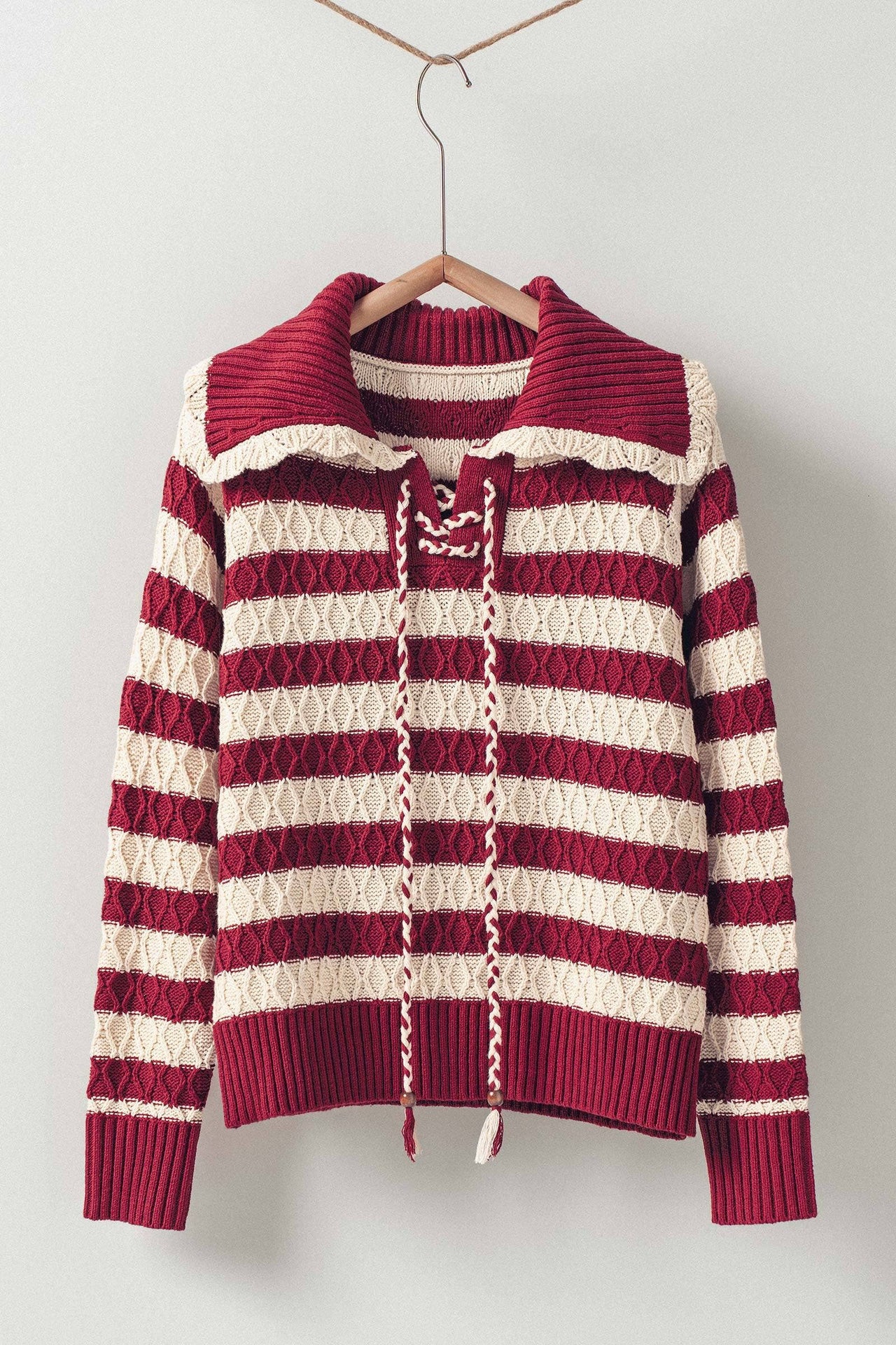 Lace-Up Cable Knit Striped Sweater Top