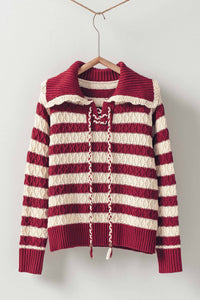 Thumbnail for Lace-Up Cable Knit Striped Sweater Top