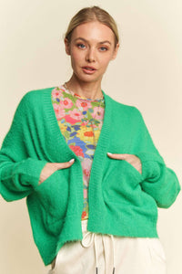 Thumbnail for Spring Green Loose-Fit Knit Cardigan with Patch Pockets and Dropped Shoulders