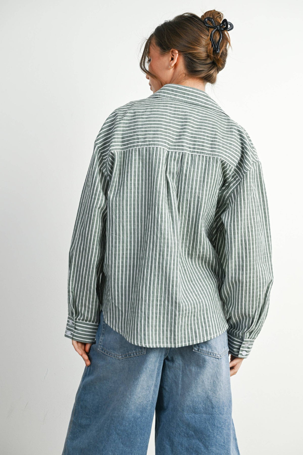 Cropped Striped Button-Up Collared Long Sleeve Top - BMT7915