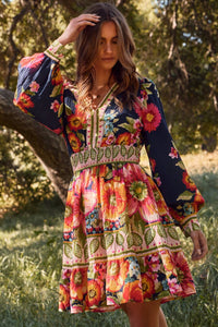 Thumbnail for Women’s boho floral mini dress with long puff sleeves and smocked waist