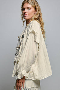 Thumbnail for Double Gauze Embroidery Lace Trim Tie-Front Top