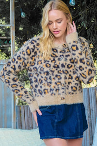 Thumbnail for Fuzzy Leopard Button Cardigan