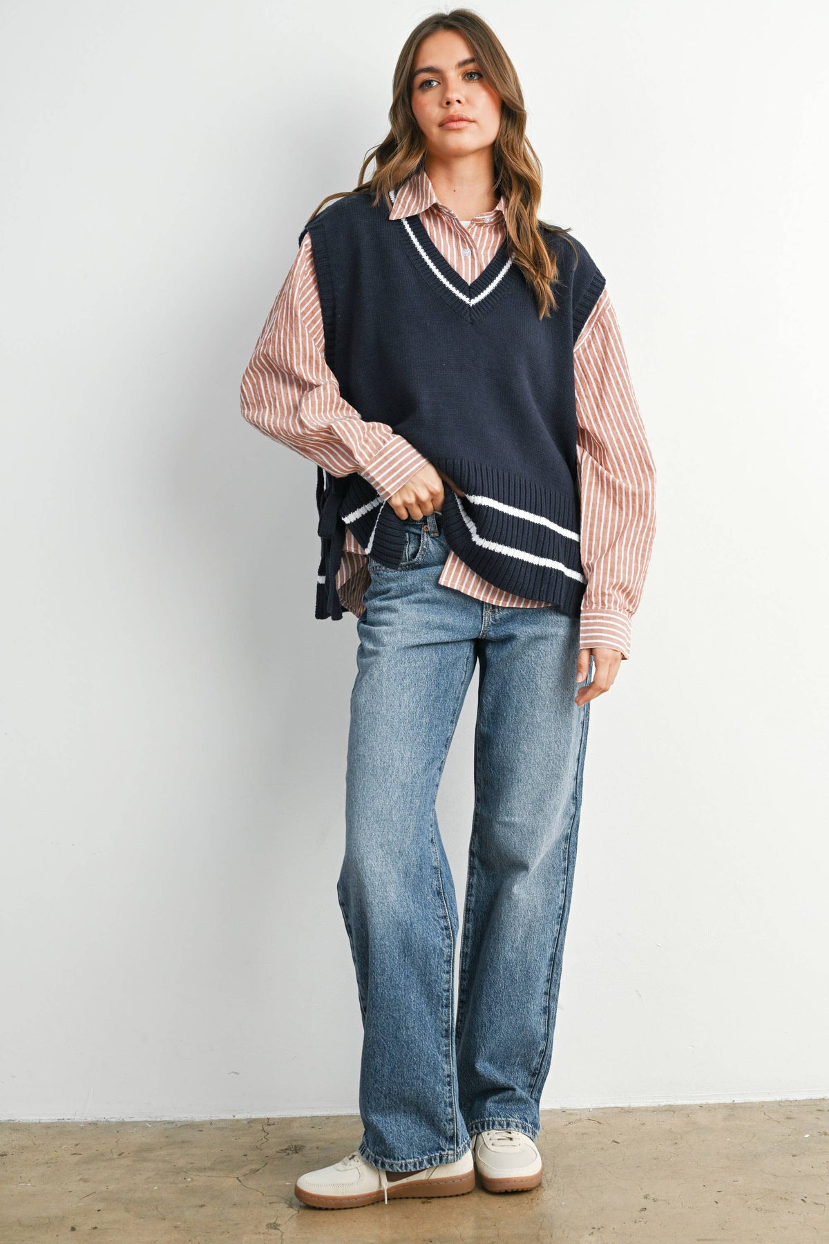 Cropped Striped Button-Up Collared Long Sleeve Top - BMT7915
