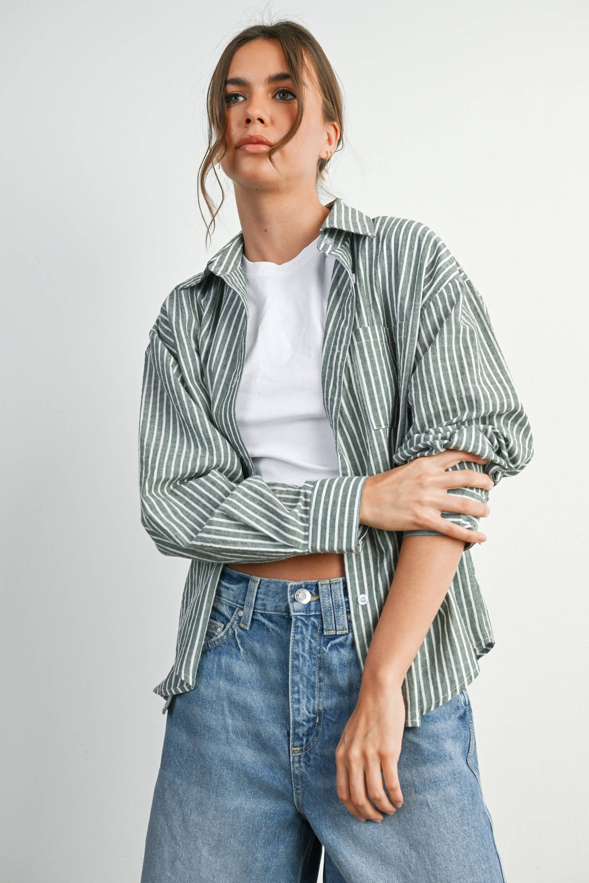 Cropped Striped Button-Up Collared Long Sleeve Top - BMT7915