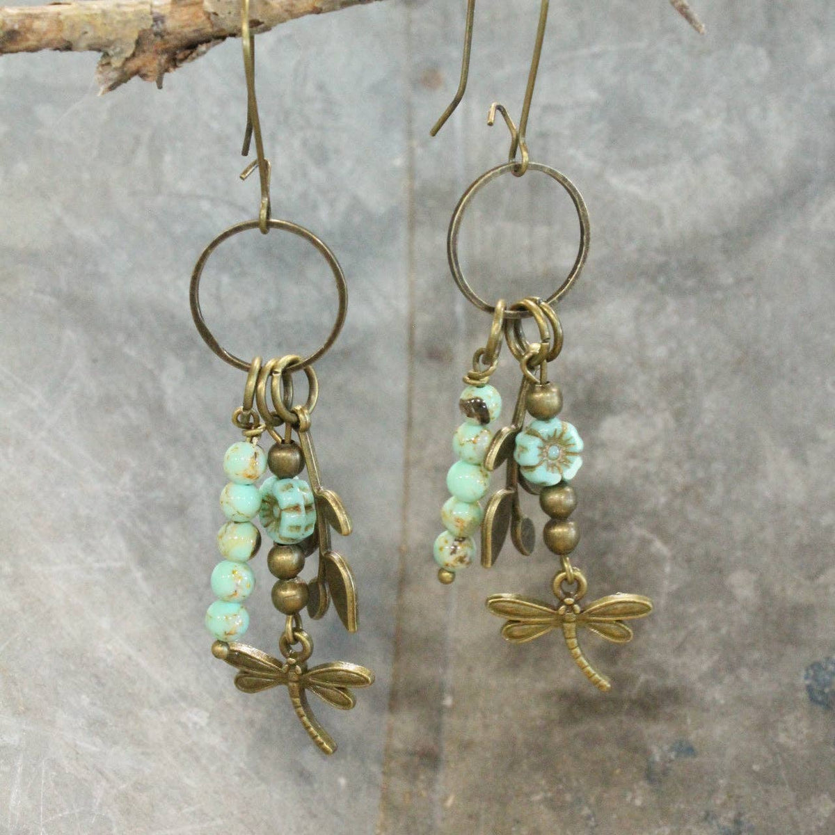 New Beginnings Dragonfly &amp; Bronze Metal Charmers Earrings