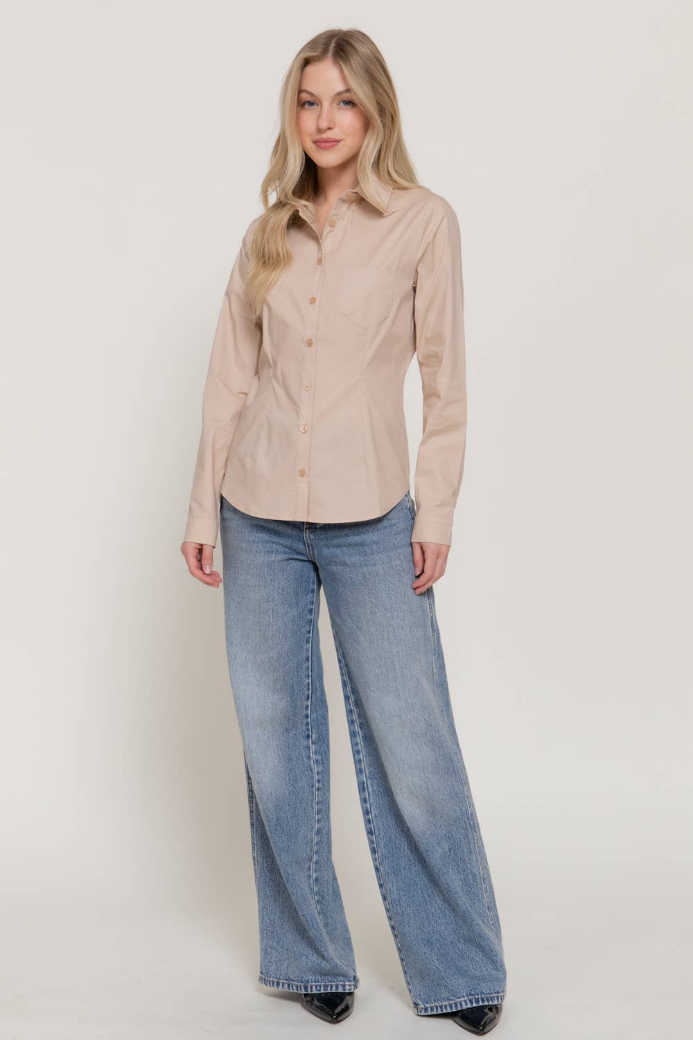 Long Sleeve Button Down Stretch Poplin Shirt
