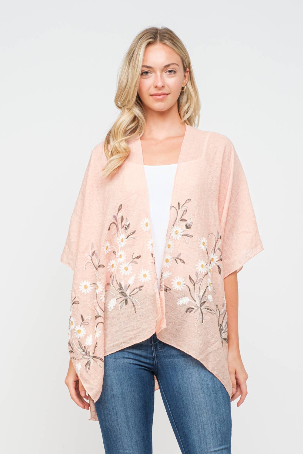 Alicia Daisy Embroidered Kimono- Salmon