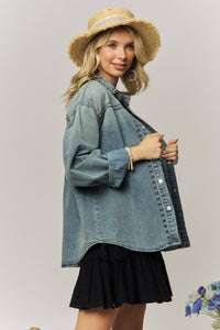 Thumbnail for EMBROIDERY PATTERN DENIM BUTTON UP SHIRT- LET4298
