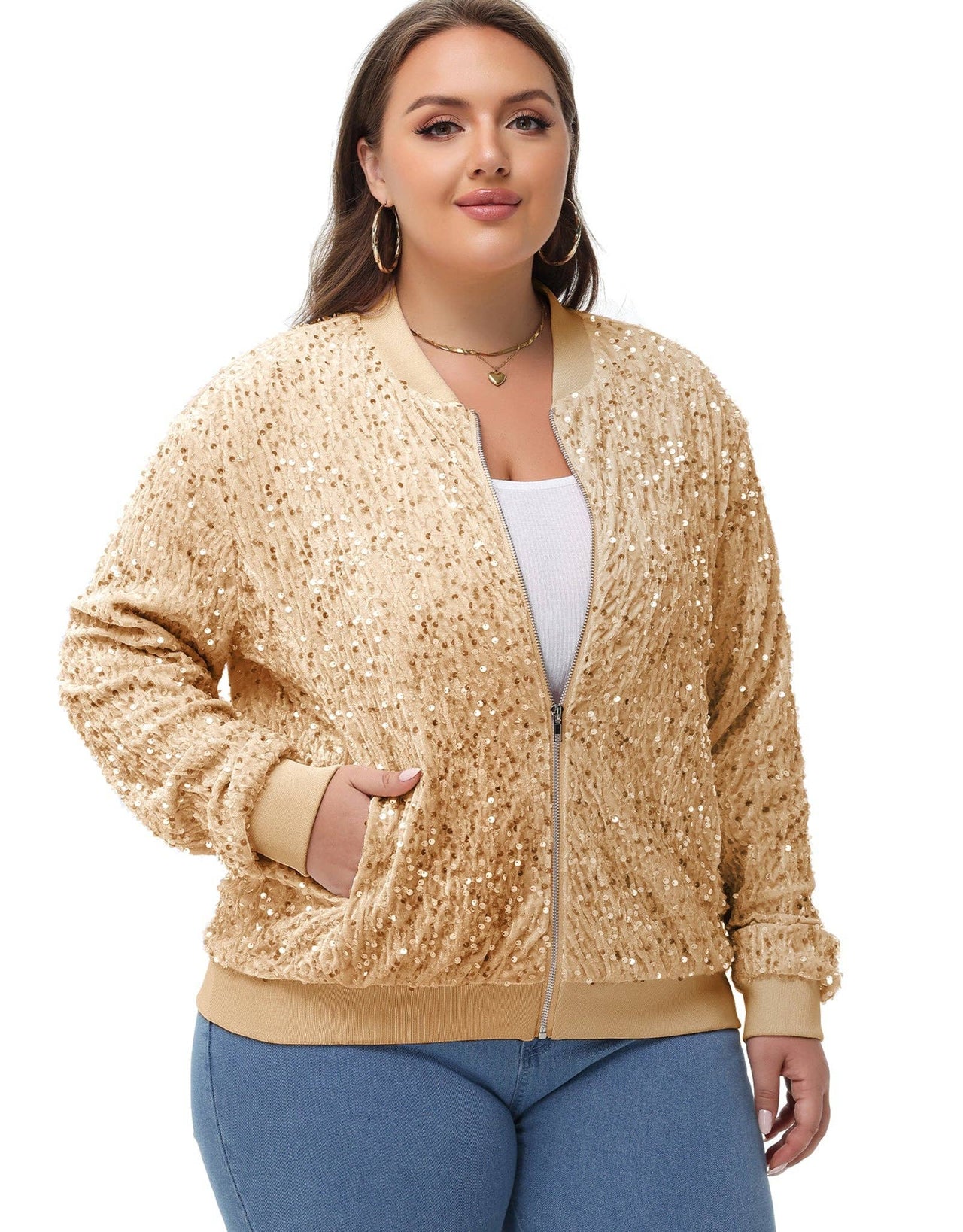 Plus Size Sequin Jacket Sparkly Zip Bomber Coat With Pockets