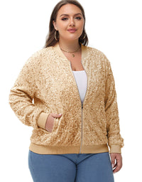 Thumbnail for Plus Size Sequin Jacket Sparkly Zip Bomber Coat With Pockets