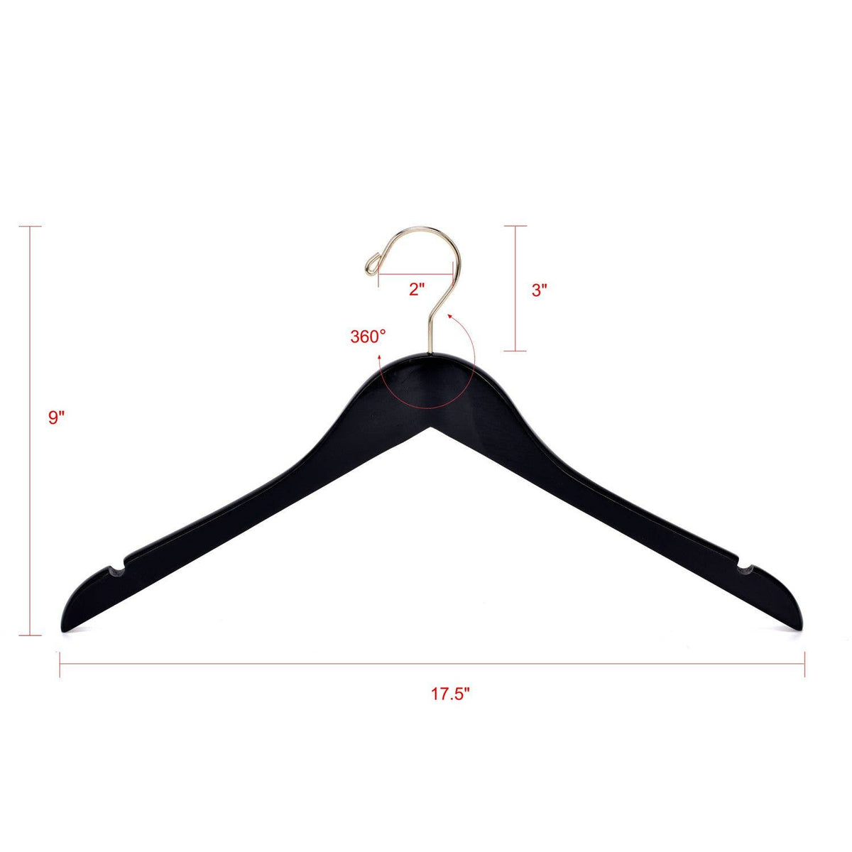 W071 Semi Curved Wooden Hangers - Black with Gold Hook - 80