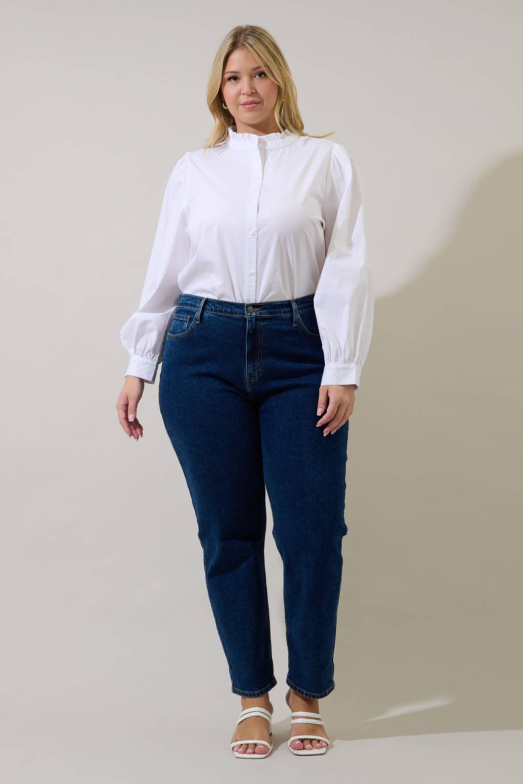 Doris Button Down Shirt Curve | White Cotton Ruffle Collar Blouse