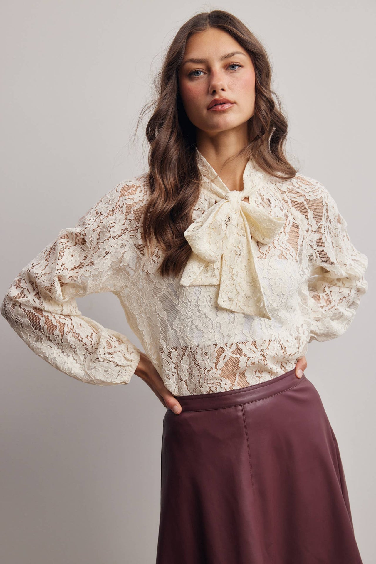 Sheer Lace Tie Neck Blouse FT0059