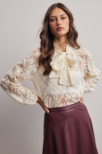 Thumbnail for Sheer Lace Tie Neck Blouse FT0059