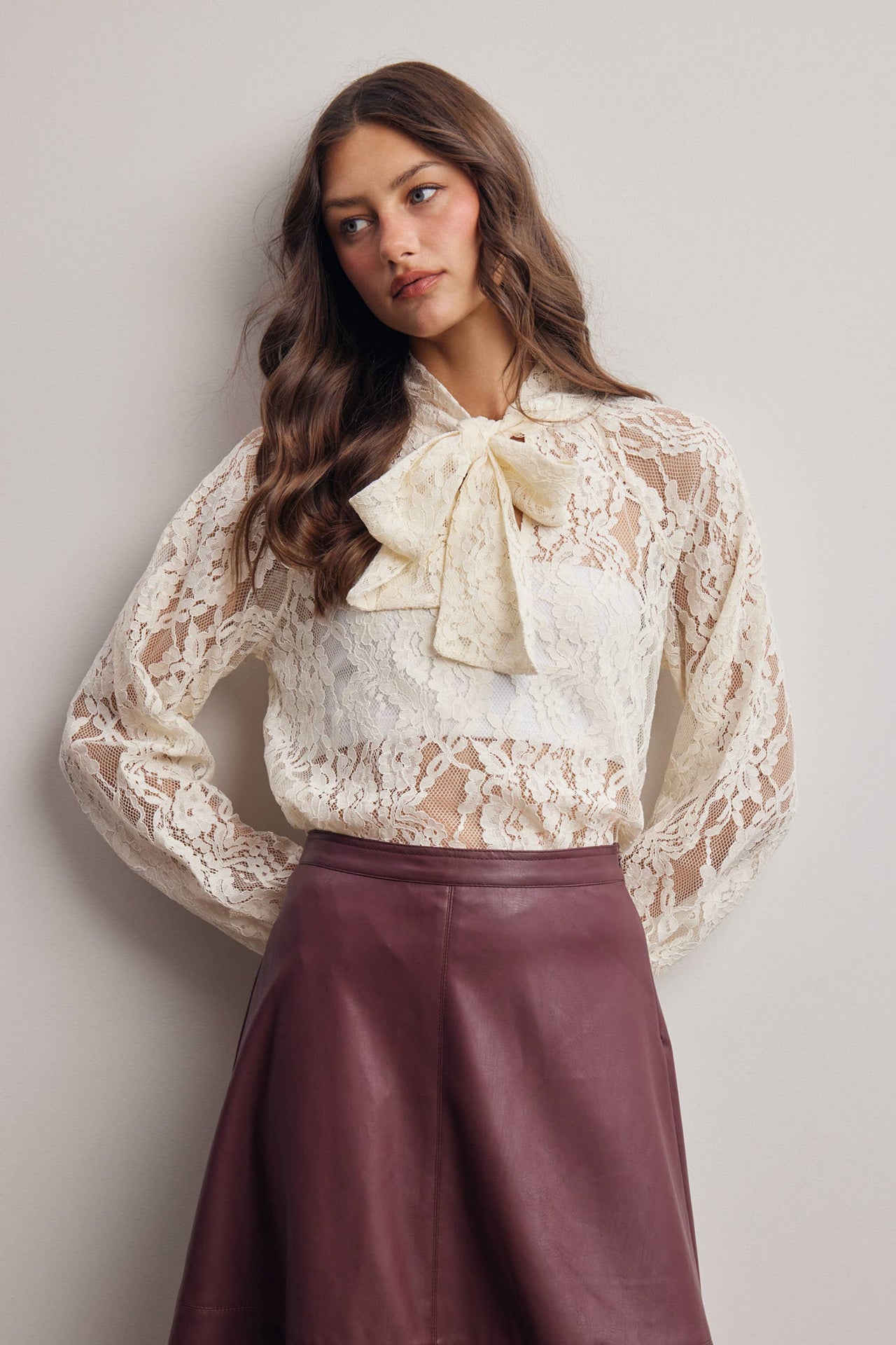 Sheer Lace Tie Neck Blouse FT0059