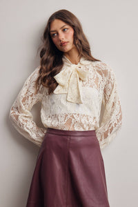 Thumbnail for Sheer Lace Tie Neck Blouse FT0059