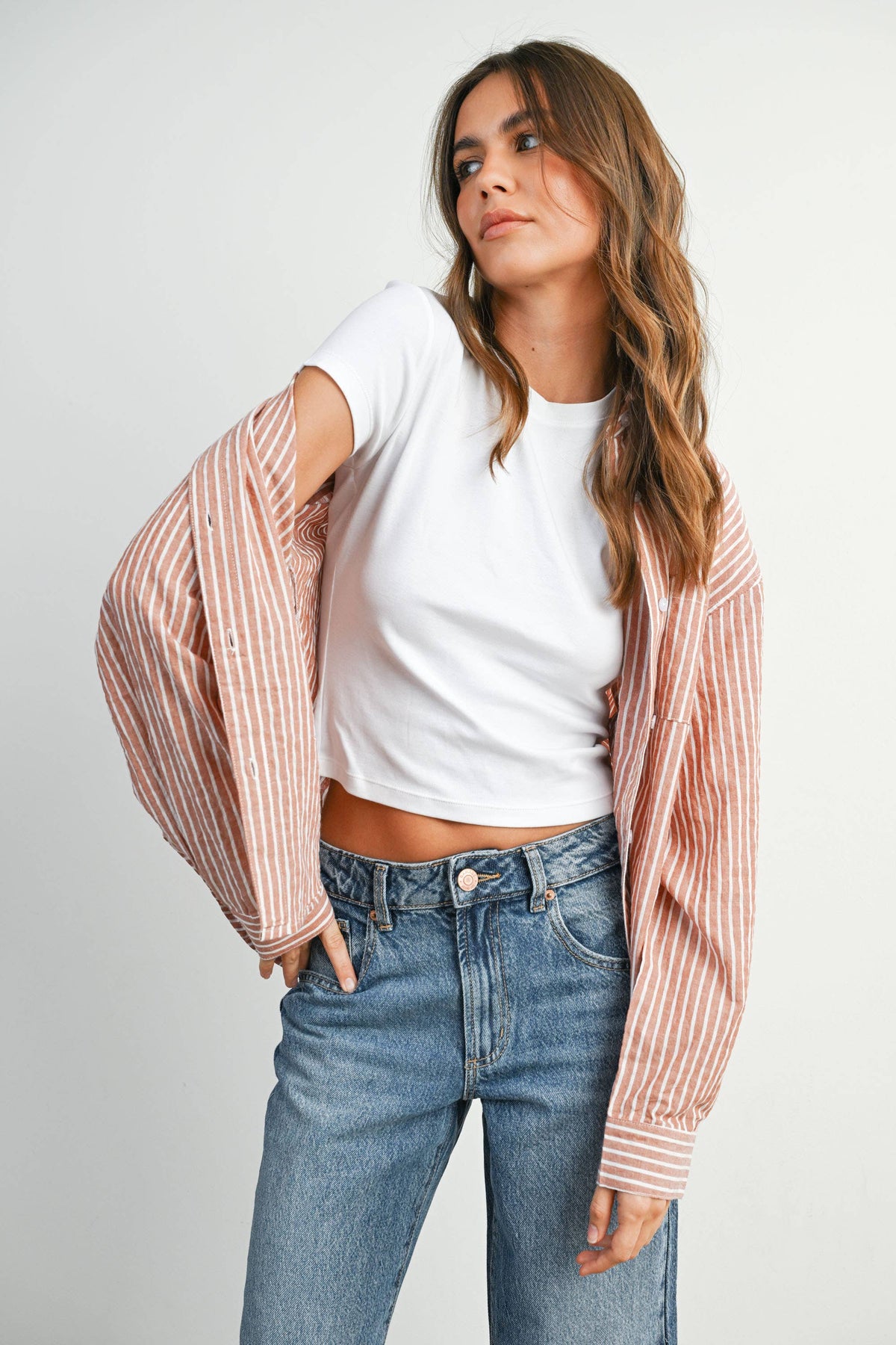 Cropped Striped Button-Up Collared Long Sleeve Top - BMT7915