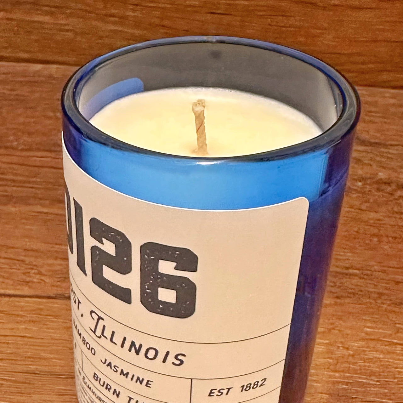 CUSTOM Zip Code Candle - Upcycled Small Cobalt Blue Bottle