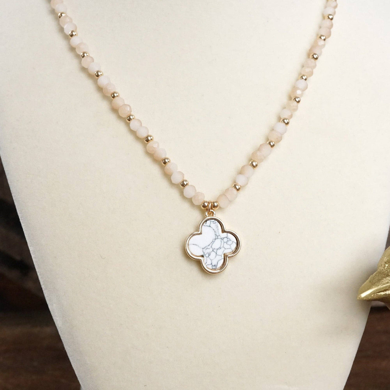 Short Beaded Clover Pendant Necklace with Semi-Precious Stone Beads