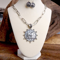 Thumbnail for Equestrian Western Horse Coin Statement Necklace Set – Worn Silver Tone