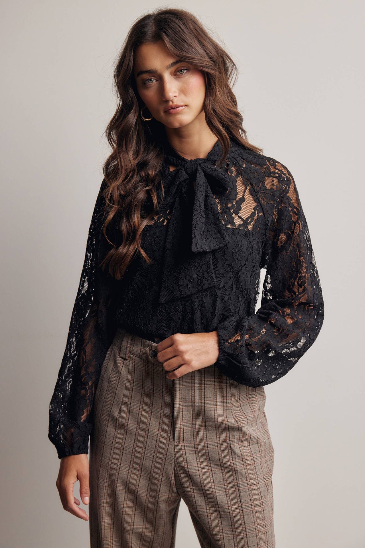 Sheer Lace Tie Neck Blouse FT0059