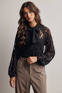 Thumbnail for Sheer Lace Tie Neck Blouse FT0059