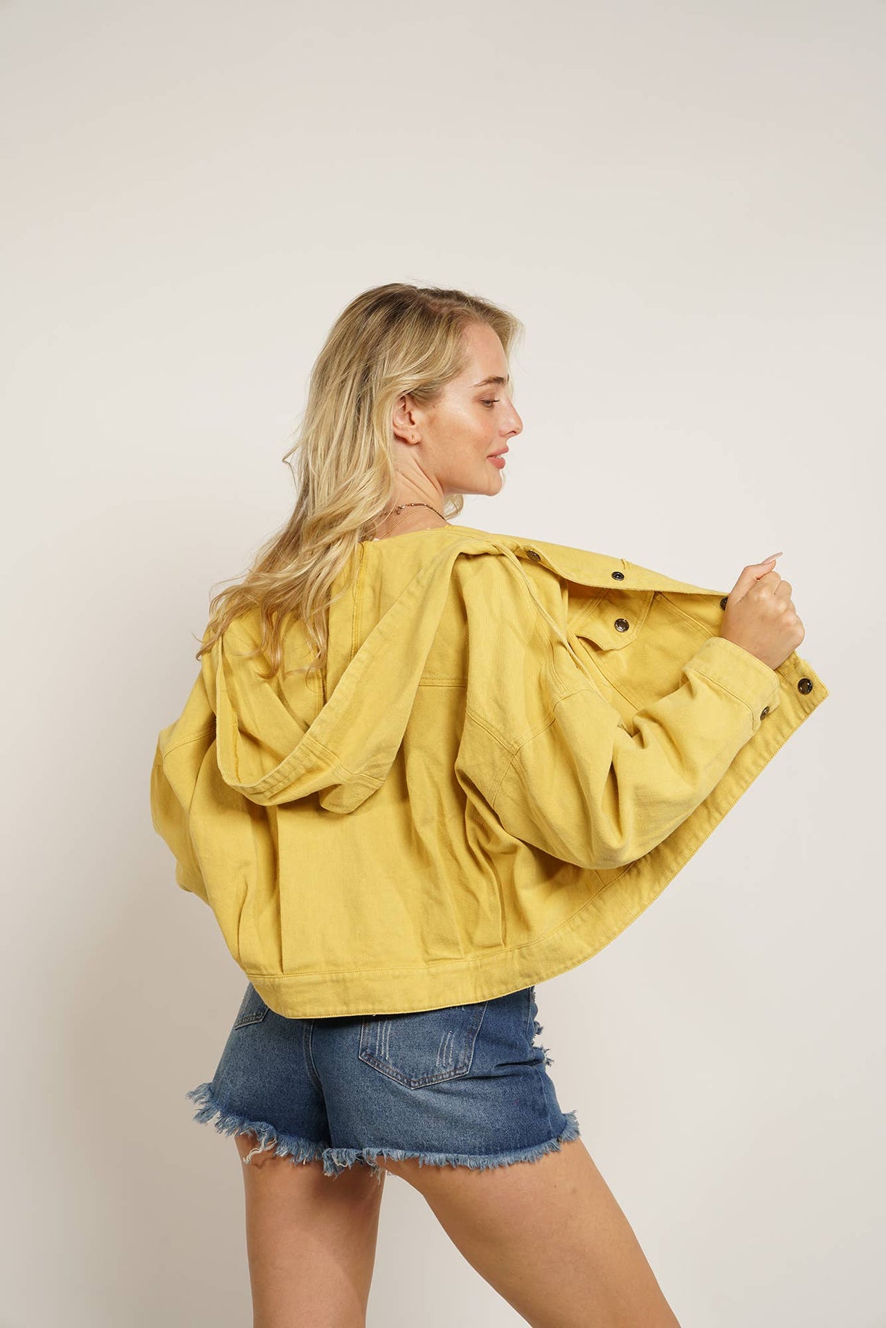 Plus Cropped Denim Jacket:  Mustard